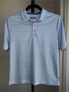 PGA Tour Youth Golf Performance Polo Shirt Blue Geometric Micro-Grid Print Large